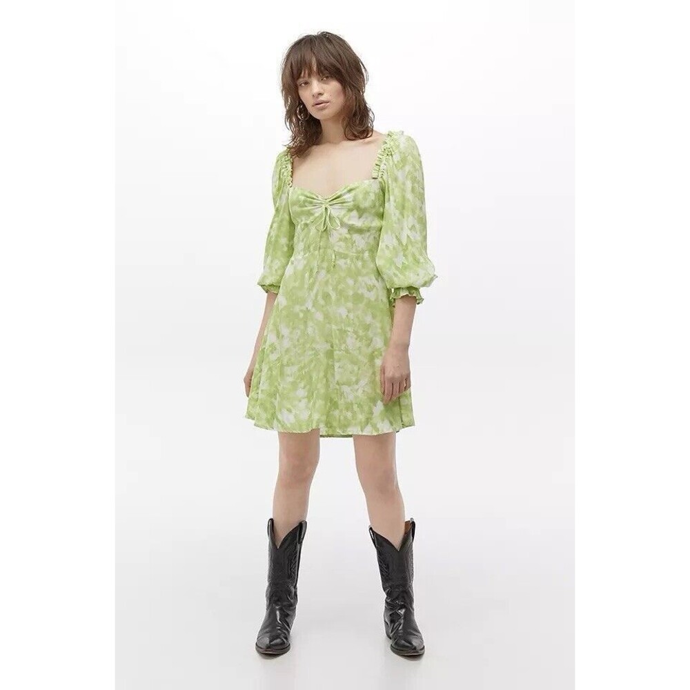 Faithfull the Brand Dress Lime Green Arianne Roos Long Sleeve Mini Smock Women 2
